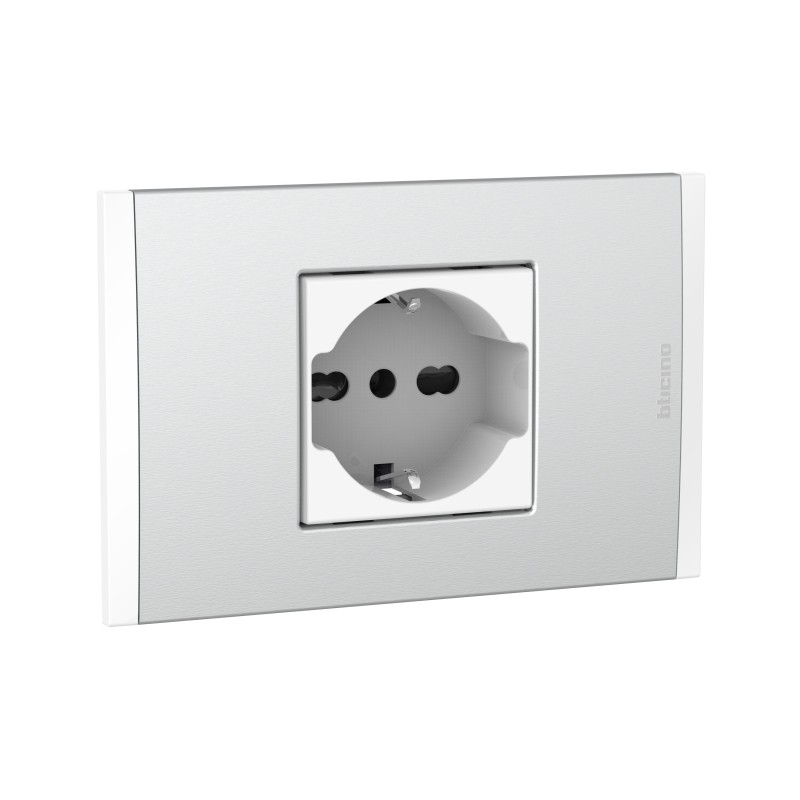 Placa Armada C/Toma Universal Schuko 10/16A Blanco PL2P Metal Aluminio
