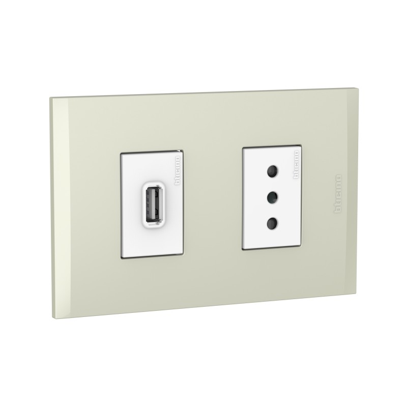 Placa Armada C/Toma USB A - Enchufe 10A Blanco PL1+1P Perla