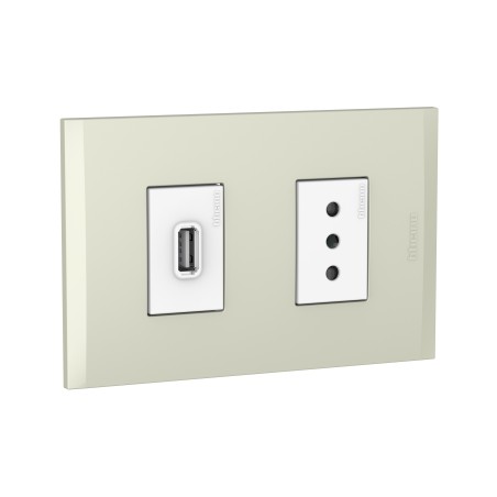 Placa Armada C/Toma USB A - Enchufe 10A Blanco PL1+1P Perla