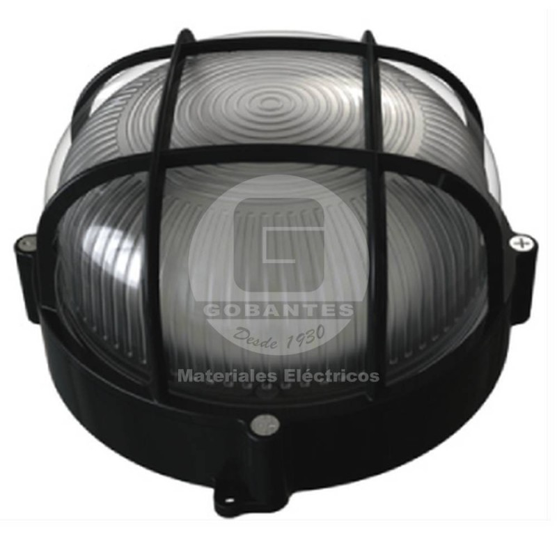Apliqué Redondo LED 12W C/Rejilla Luz Cálida AL + Vidrio IP65 Negro Ekoline