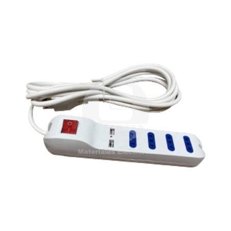 Alargador 4 pos 10A 2P+T 3m C/Switch y 2 USB Ekoline