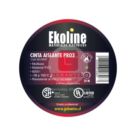 Cinta Electrica PRO3 19 mm x 20 mt Negra Ekoline