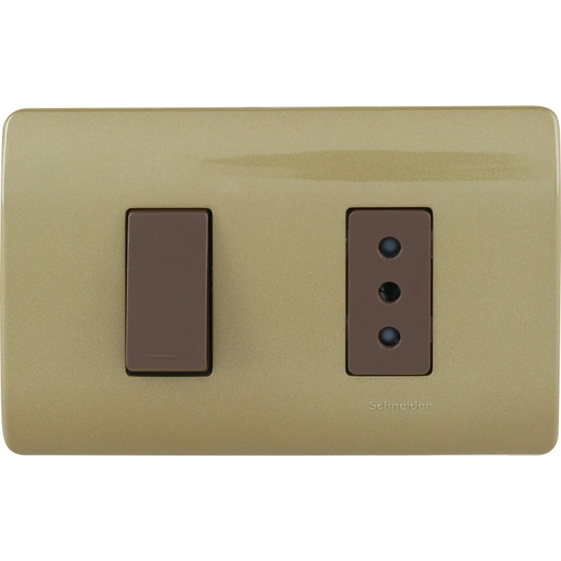Placa Armada Doble C/Interruptor 9/12 - Enchufe 2P+T 10A Café/Dorado