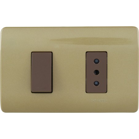 Placa Armada Doble C/Interruptor 9/12 - Enchufe 2P+T 10A Café/Dorado