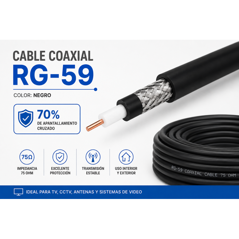 Cable Coaxial RG-59 Negro Ekoline (Rollo 100 mts)