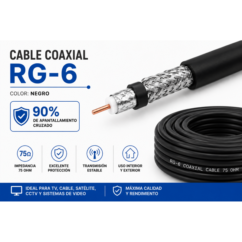 Cable Coaxial RG-6 Negro Ekoline (Rollo 100 mts)